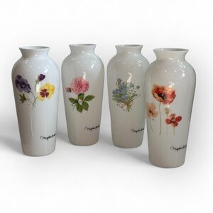 Vintage Set - 4 Marjolein Bastin Milk Glass Vases Nature’s Sketchbook - Hallmark